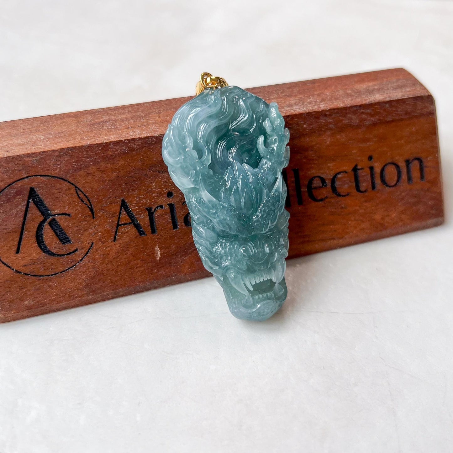 Green Dragon Head Jadeite Jade Hand Carved Pendant with 18K Solid Gold Bail, ZF-0124-1725076362