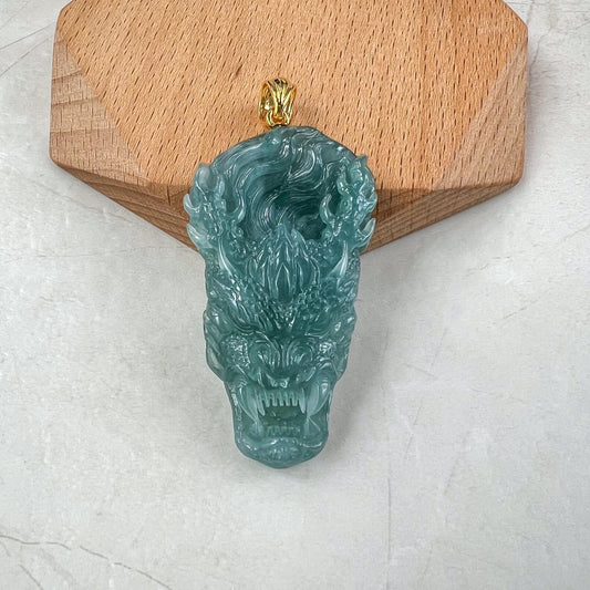 Green Dragon Head Jadeite Jade Hand Carved Pendant with 18K Solid Gold Bail, ZF-0124-1725076362