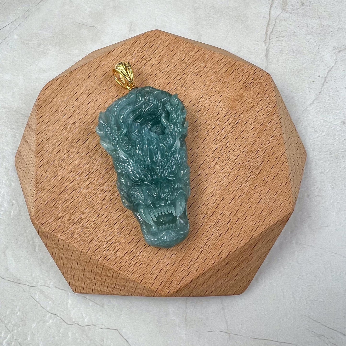 Green Dragon Head Jadeite Jade Hand Carved Pendant with 18K Solid Gold Bail, ZF-0124-1725076362