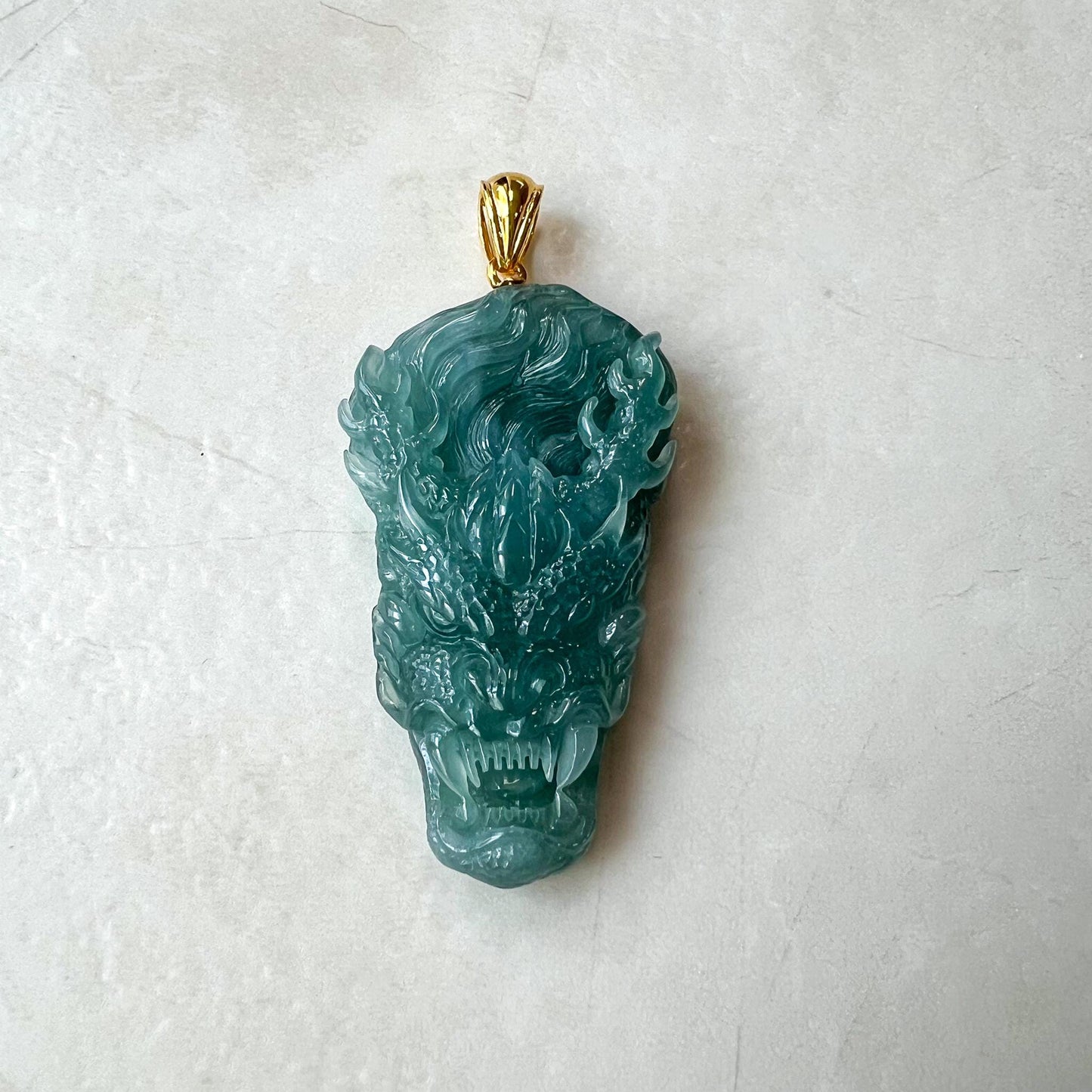 Green Dragon Head Jadeite Jade Hand Carved Pendant with 18K Solid Gold Bail, ZF-0124-1725076362