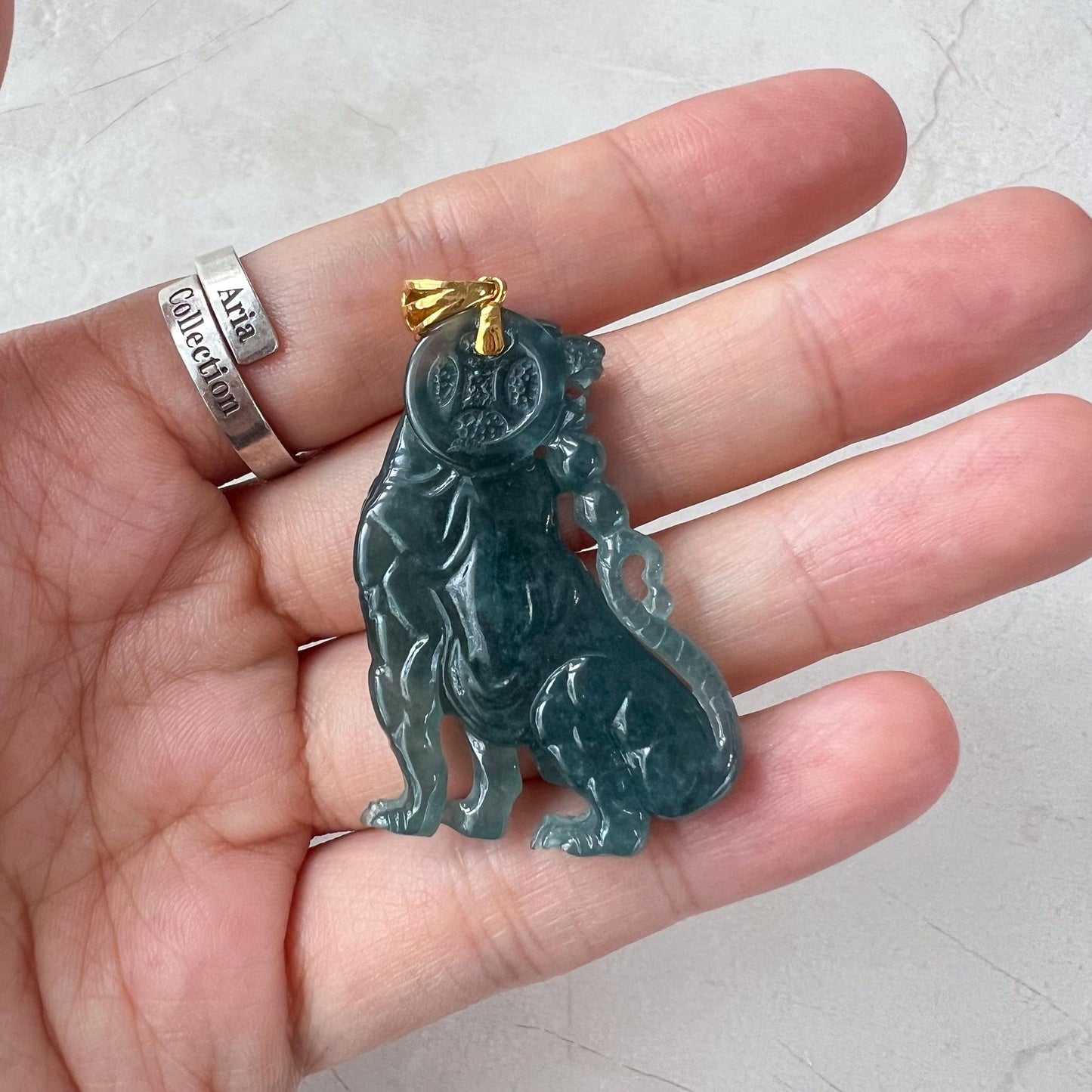 Majestic Jade Tiger Pendant, Blue Green Jadeite Jade Tiger Pendant with 18K Gold Bail, XZ-1022-1725077951