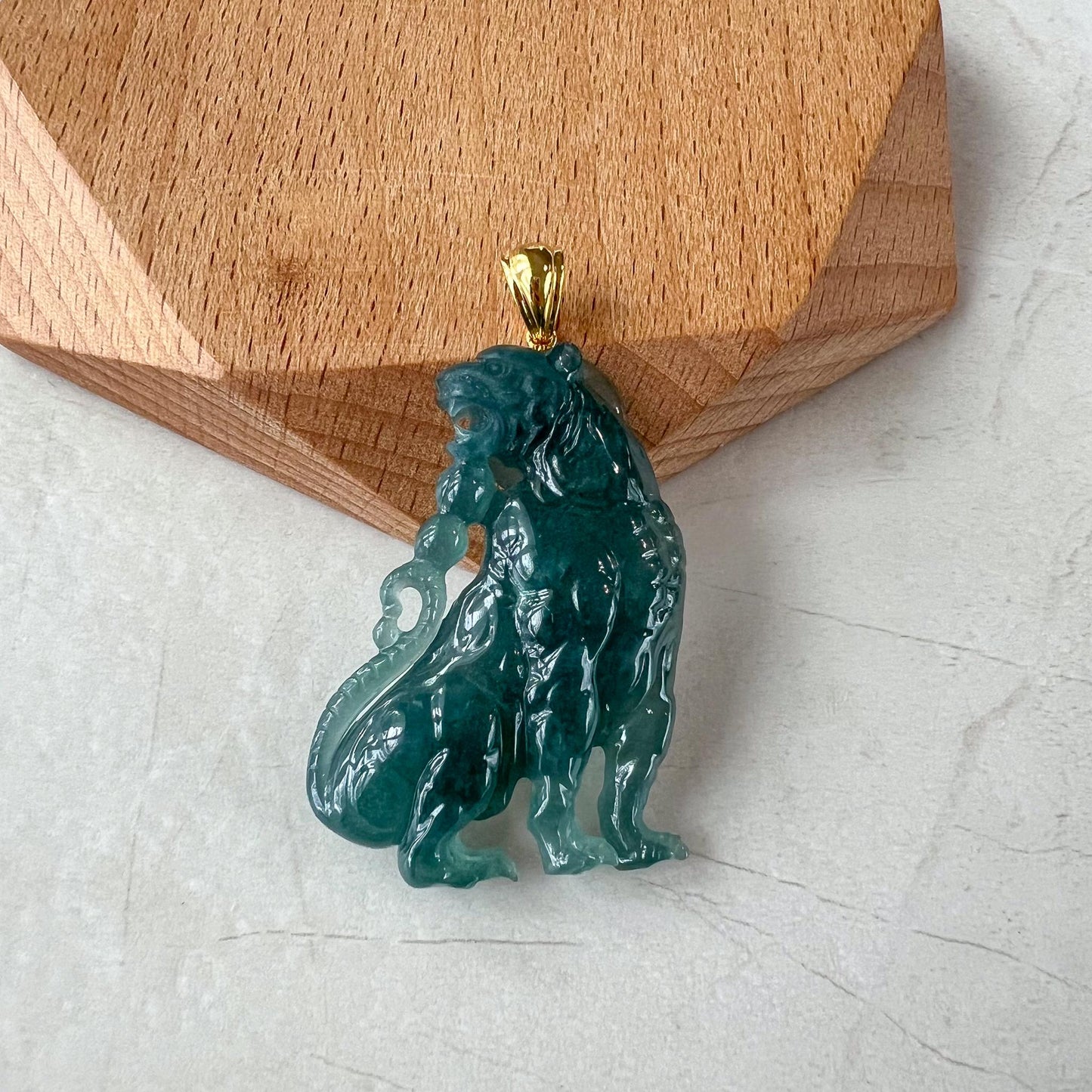 Majestic Jade Tiger Pendant, Blue Green Jadeite Jade Tiger Pendant with 18K Gold Bail, XZ-1022-1725077951