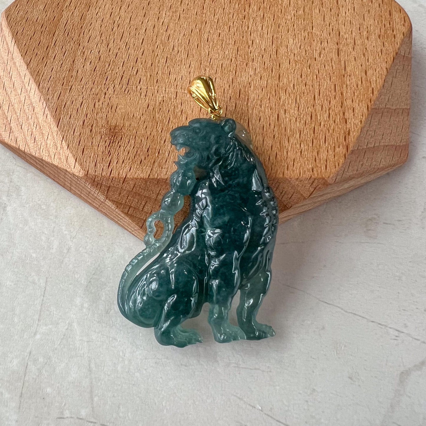 Majestic Jade Tiger Pendant, Blue Green Jadeite Jade Tiger Pendant with 18K Gold Bail, XZ-1022-1725077951