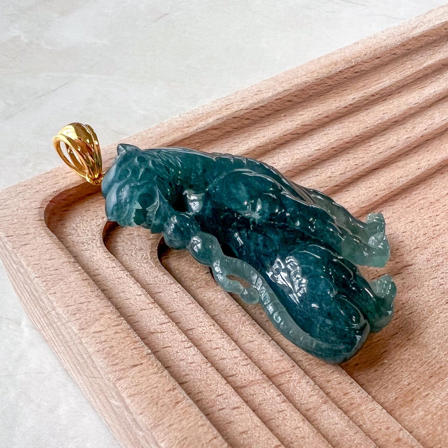 Majestic Jade Tiger Pendant, Blue Green Jadeite Jade Tiger Pendant with 18K Gold Bail, XZ-1022-1725077951