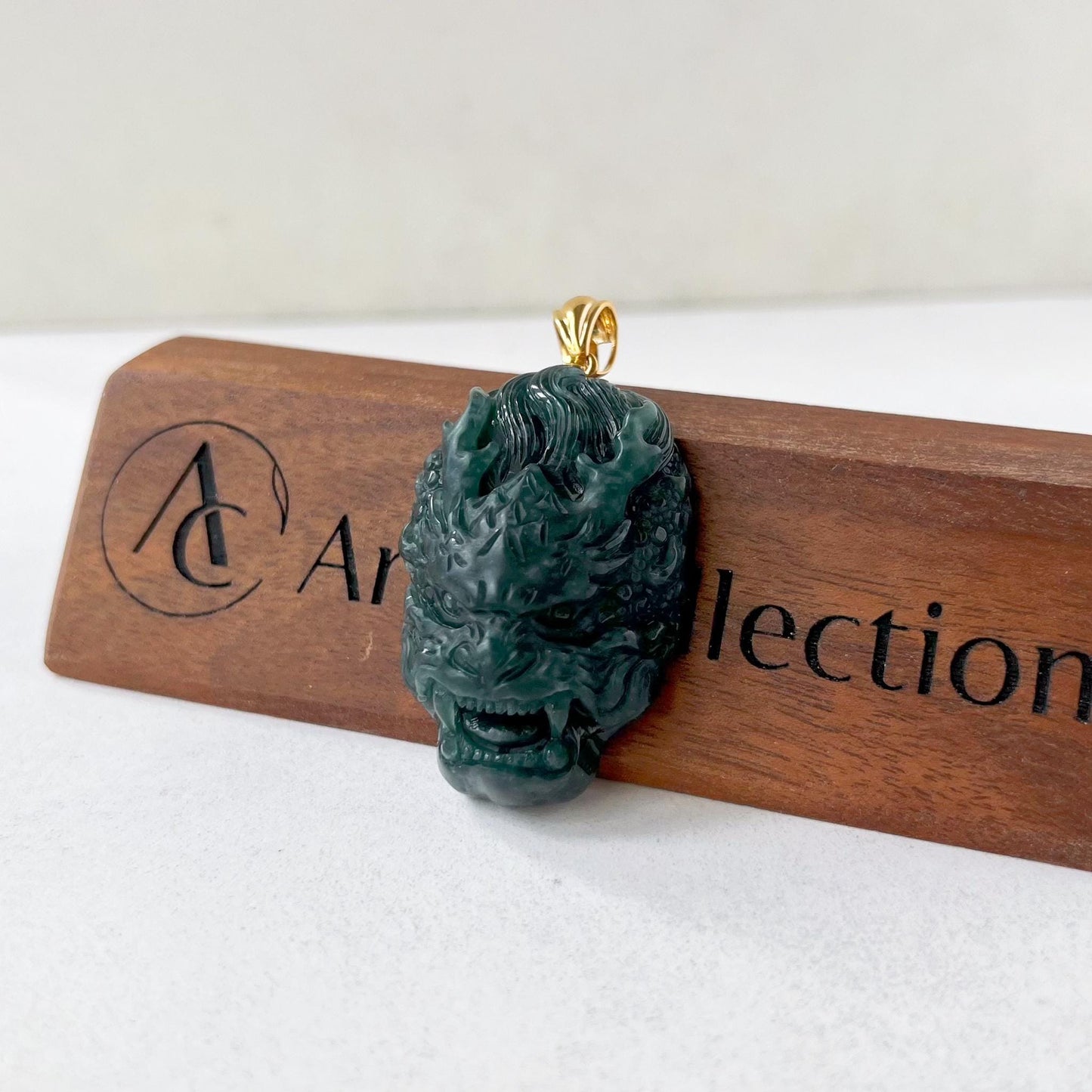 Shadow Dragon Head Pendant, Style 2, Dark Green Dragon Head, Jadeite Jade Hand Carved Pendant with 18K Solid Gold Bail, VIC-0424-1725164937