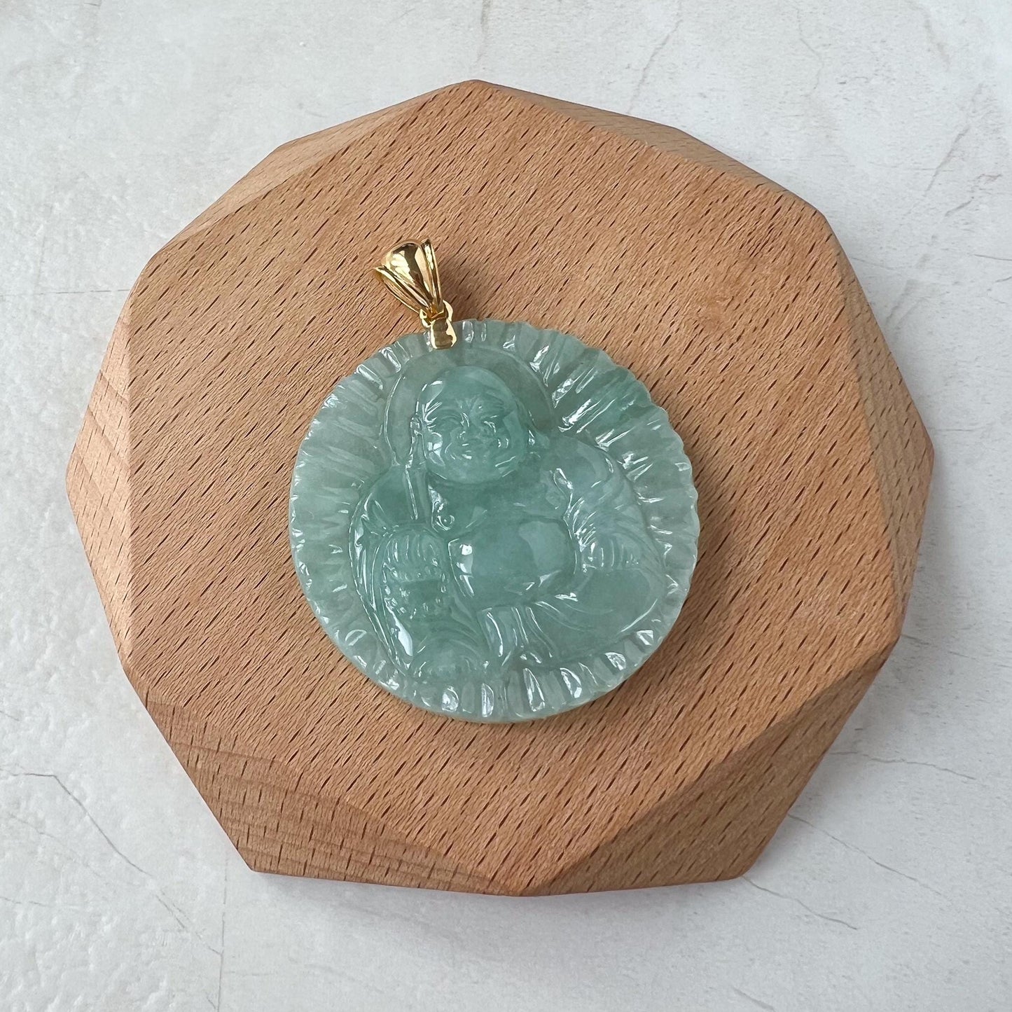 Happy Buddha Eternal Joy Pendant, Green Happy Buddha Jadeite Jade with 18K Solid Gold Pendant, ANG-0424-1725334453