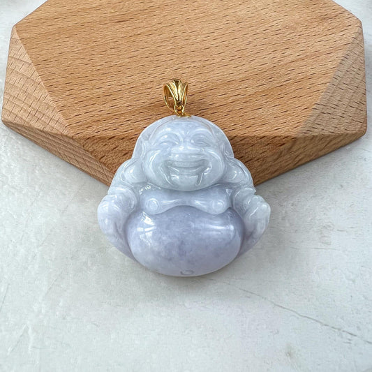 Purple Lavender Jadeite Jade Happy Buddha Carved Pendant with 18k Solid Gold Bail, YGR-0824-1725381071