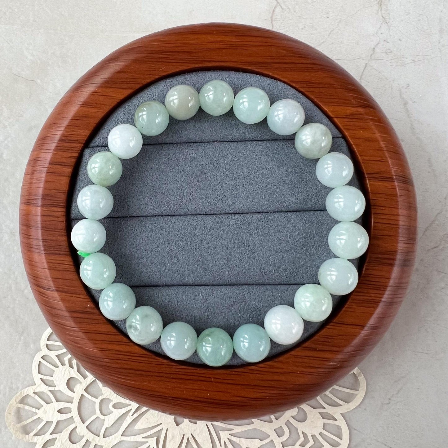 8.0 mm Light Green White Natural Jadeite Jade Small Beaded Bracelet, GEM-0424-1727410563