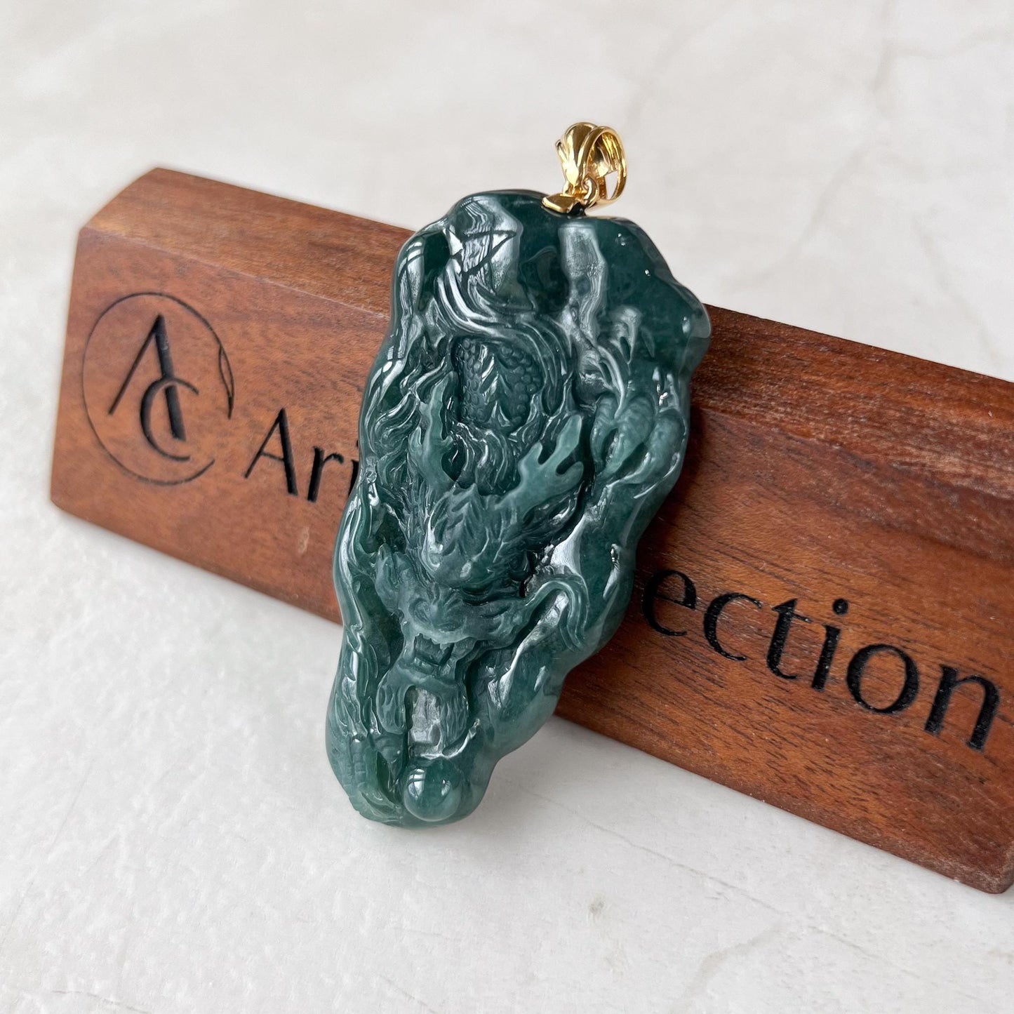 Celestial Dragon Jade Pendant, Green Jadeite Jade Dragon Hand Carved Pendant with 18K Gold, VIC-0424-1727632246