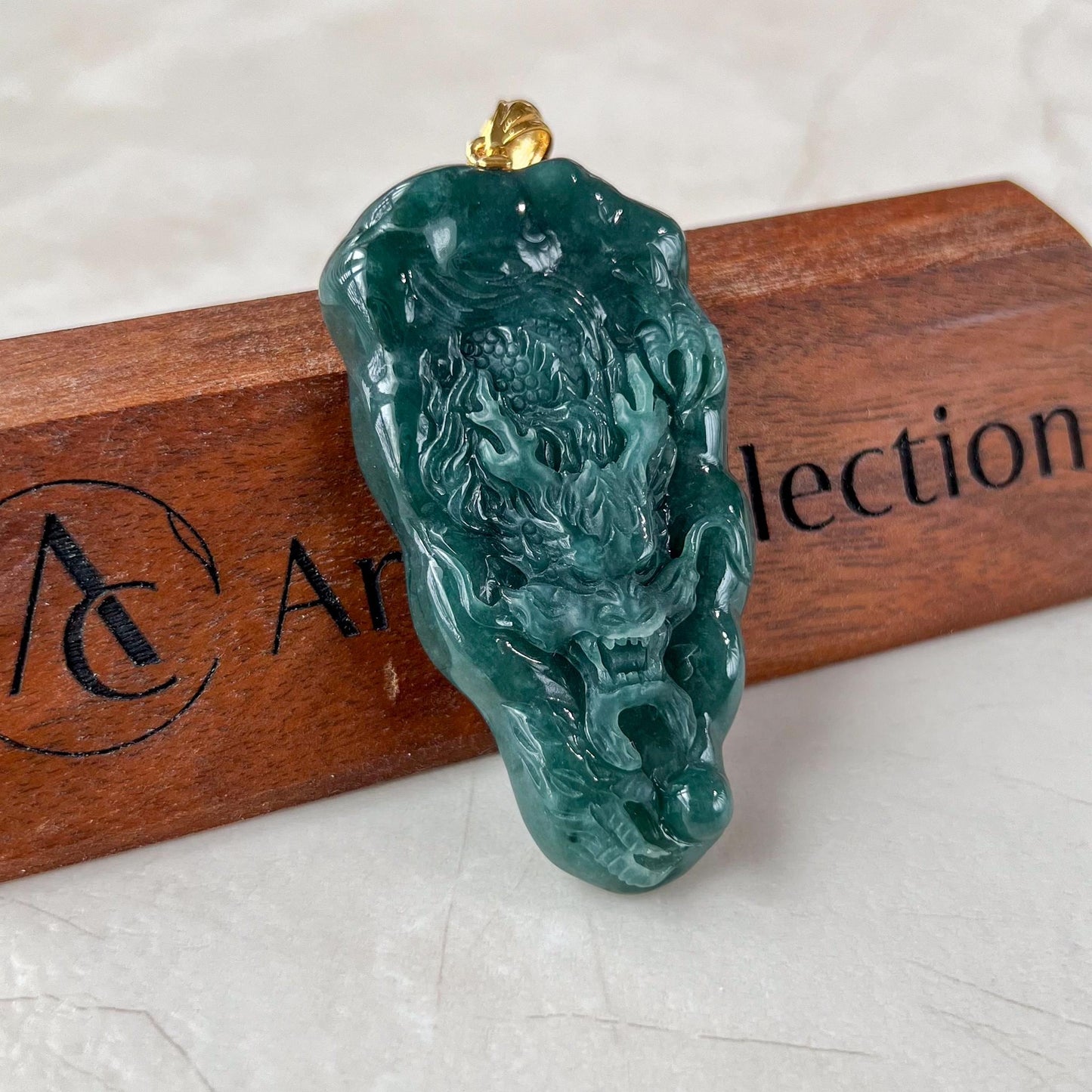 Celestial Dragon Jade Pendant, Green Jadeite Jade Dragon Hand Carved Pendant with 18K Gold, VIC-0424-1727632246