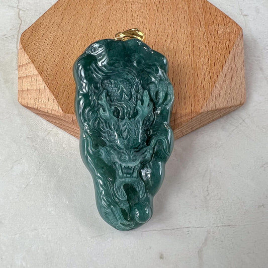 Celestial Dragon Jade Pendant, Green Jadeite Jade Dragon Hand Carved Pendant with 18K Gold, VIC-0424-1727632246