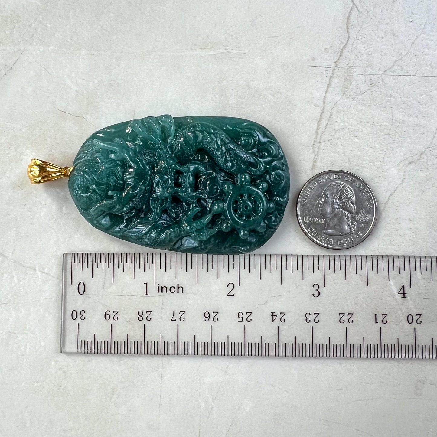 Dragon's Prosperity Jade Pendant, Style 2, Large Green Jadeite Jade Dragon Hand Carved Pendant with 18K Gold, WEN-0424-1727647070