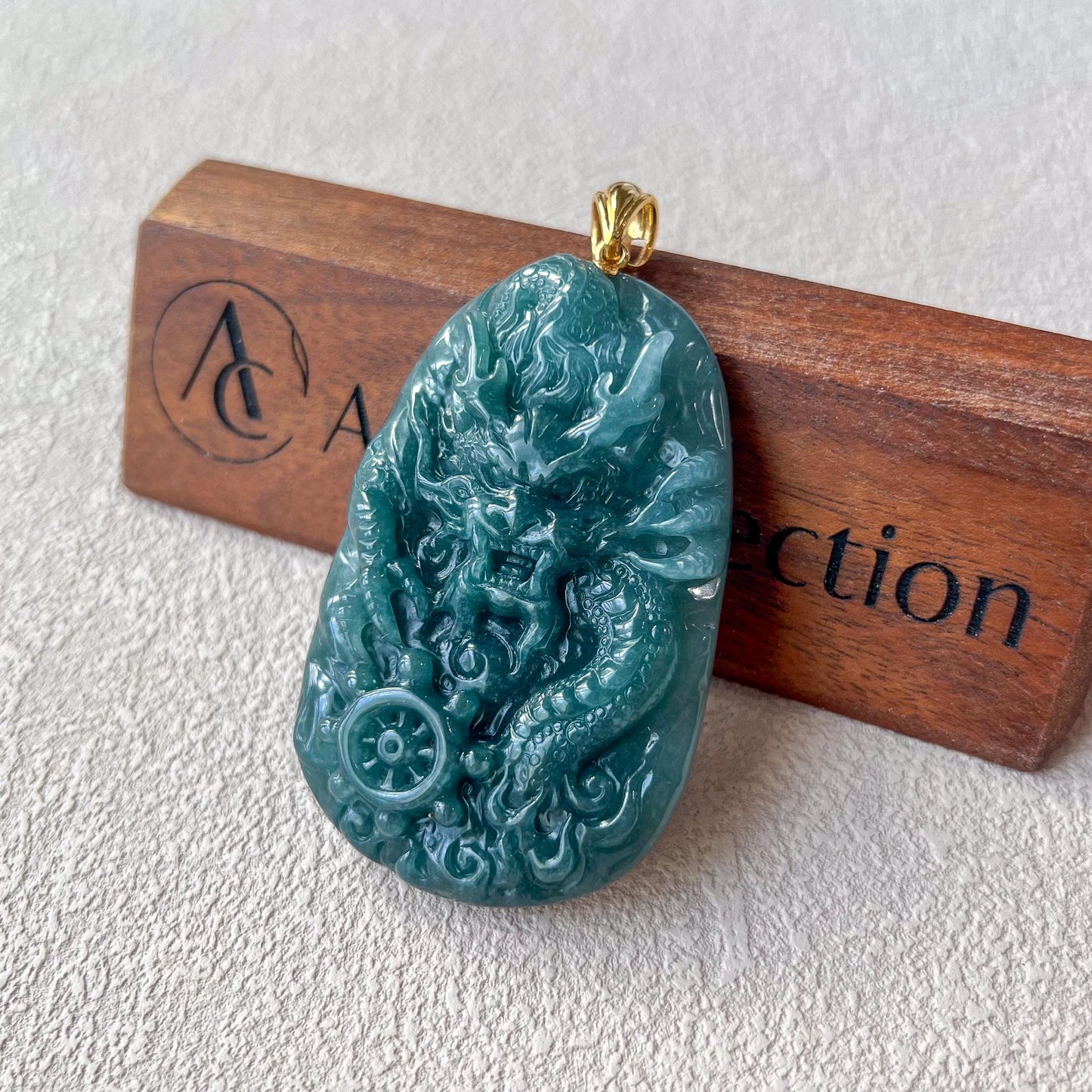 Dragon's Prosperity Jade Pendant, Style 2, Large Green Jadeite Jade Dragon Hand Carved Pendant with 18K Gold, WEN-0424-1727647070