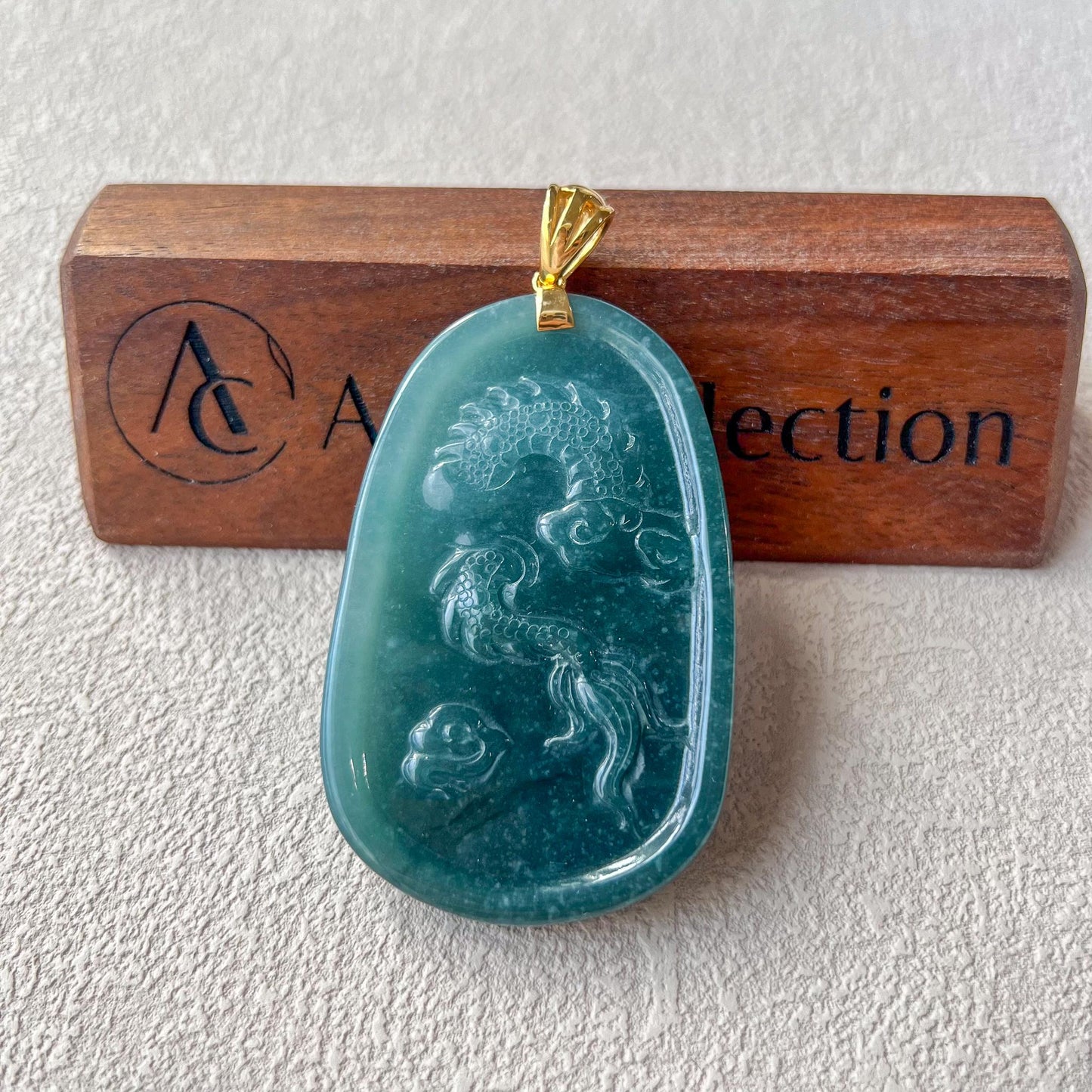 Dragon's Prosperity Jade Pendant, Style 2, Large Green Jadeite Jade Dragon Hand Carved Pendant with 18K Gold, WEN-0424-1727647070