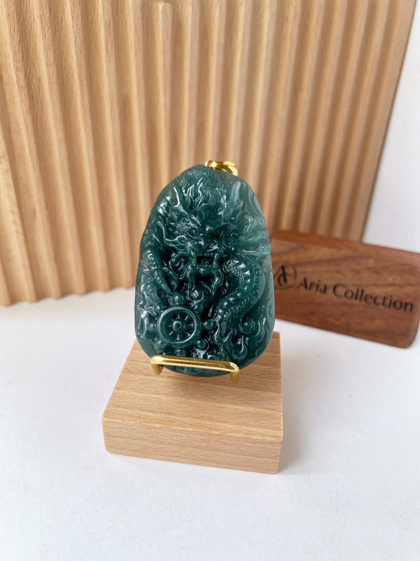 Dragon's Prosperity Jade Pendant, Style 2, Large Green Jadeite Jade Dragon Hand Carved Pendant with 18K Gold, WEN-0424-1727647070