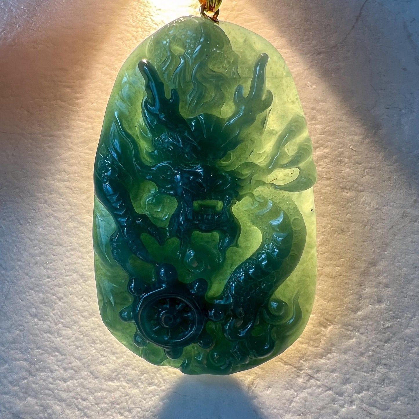 Dragon's Prosperity Jade Pendant, Style 2, Large Green Jadeite Jade Dragon Hand Carved Pendant with 18K Gold, WEN-0424-1727647070