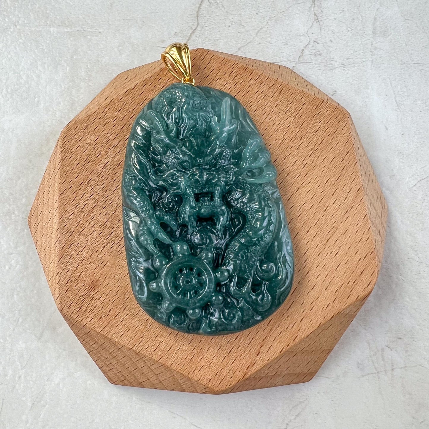 Dragon's Prosperity Jade Pendant, Style 2, Large Green Jadeite Jade Dragon Hand Carved Pendant with 18K Gold, WEN-0424-1727647070