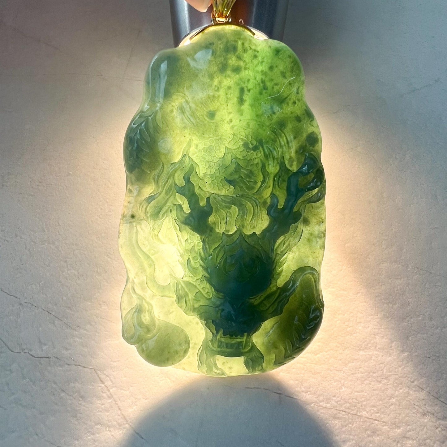 Mystic Green Dragon Jade Pendant, Green Jadeite Jade Dragon Hand Carved Pendant with 18K Gold, VIC-0424-1727749553