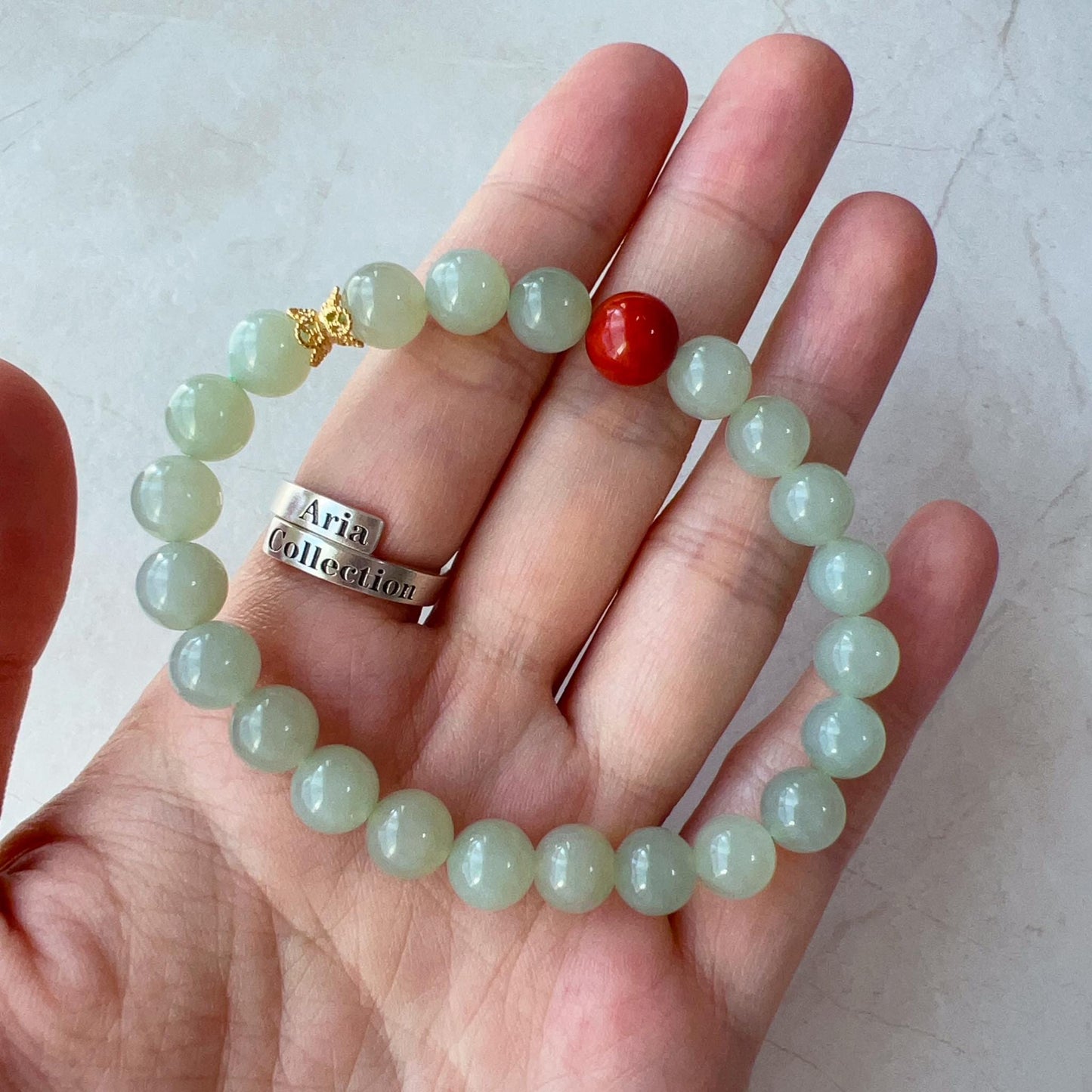 8 mm Light Green Nephrite Jade Beaded Bracelet with Southern Red Agate, YS-0224-1727839945