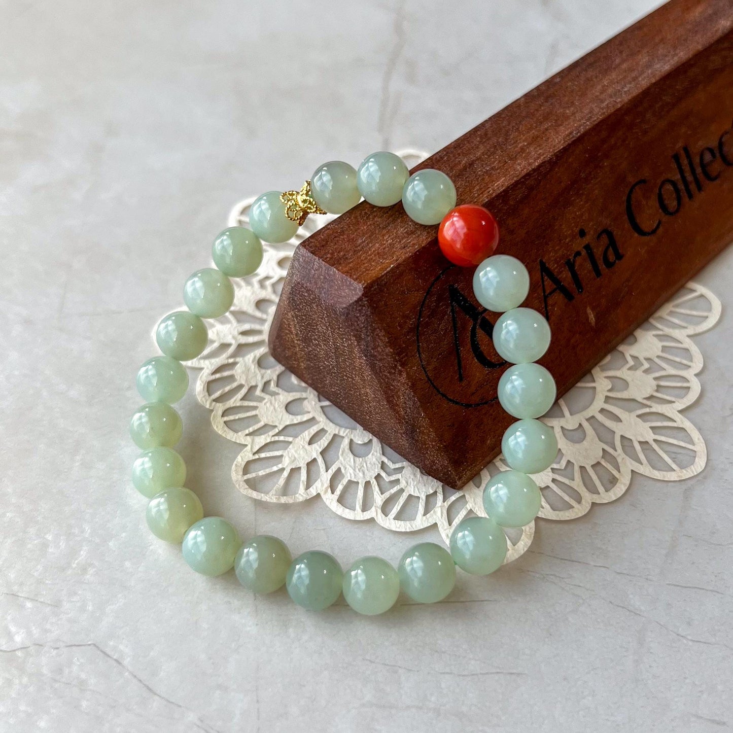 8 mm Light Green Nephrite Jade Beaded Bracelet with Southern Red Agate, YS-0224-1727839945