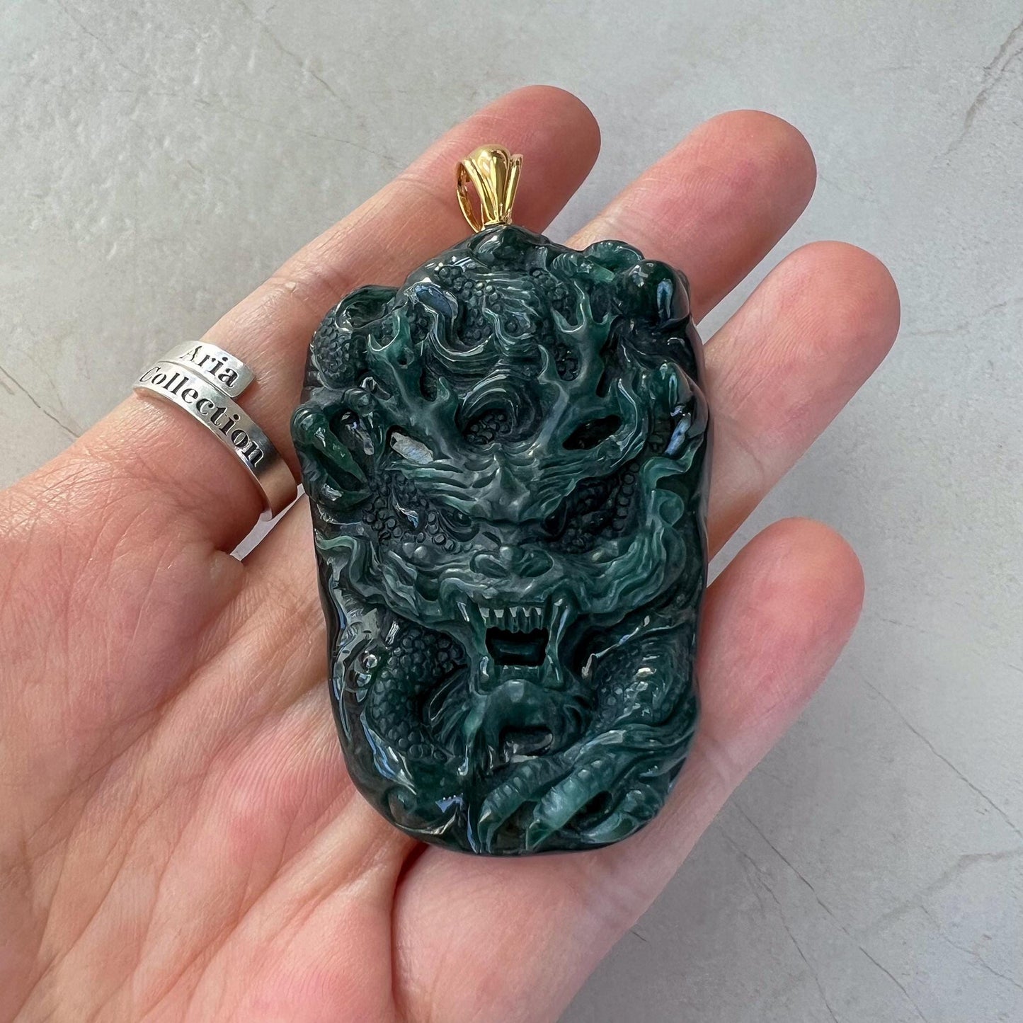 Midnight Dragon Pendant, Style 1, Dark Green Dragon Pendant, Jadeite Jade Hand Carved Pendant with 18K Solid Gold Bail, VIC-0424-1728102633