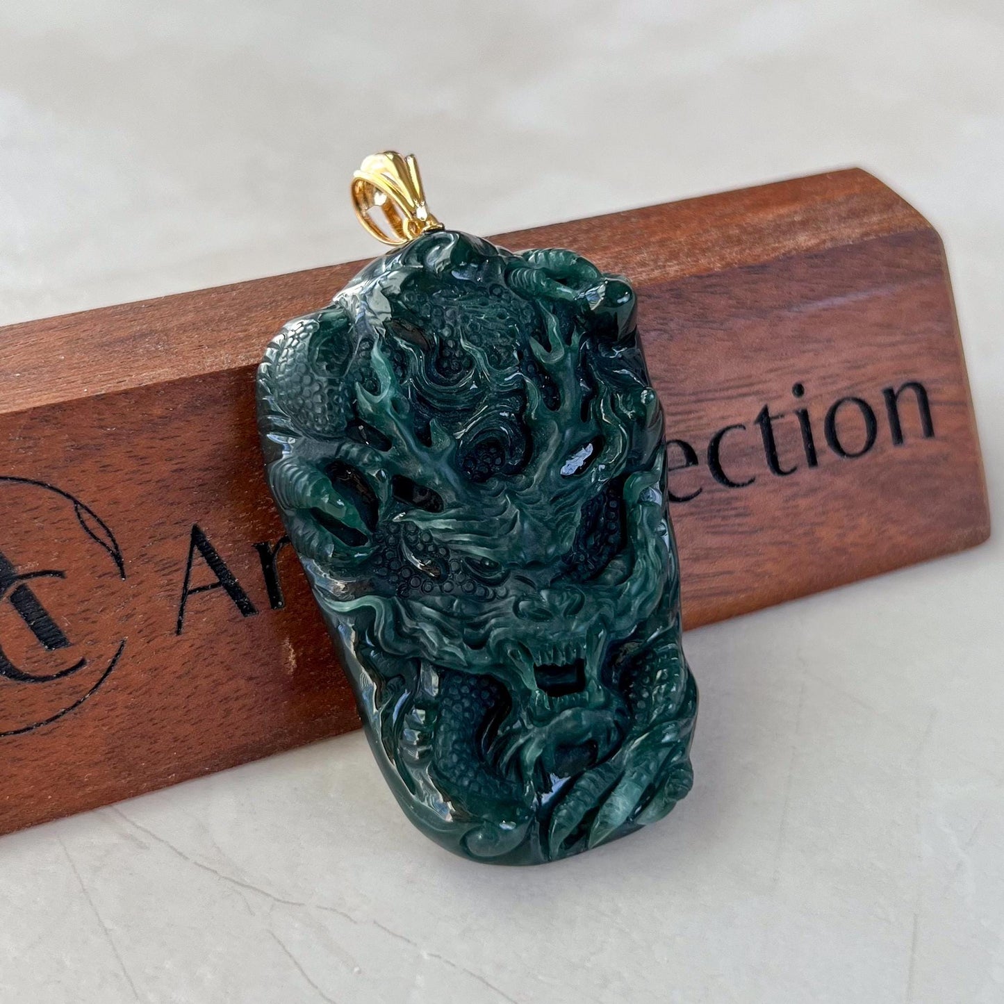 Midnight Dragon Pendant, Style 1, Dark Green Dragon Pendant, Jadeite Jade Hand Carved Pendant with 18K Solid Gold Bail, VIC-0424-1728102633