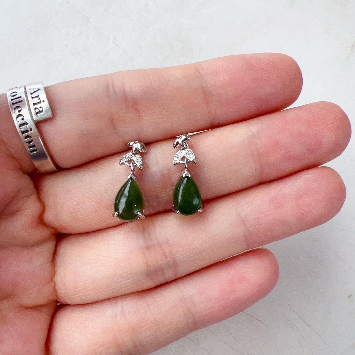 Willow Ribbon Green Jade Earring Studs, Green Nephrite Jade Sterling Silver Earrings, JSY-0424-12130