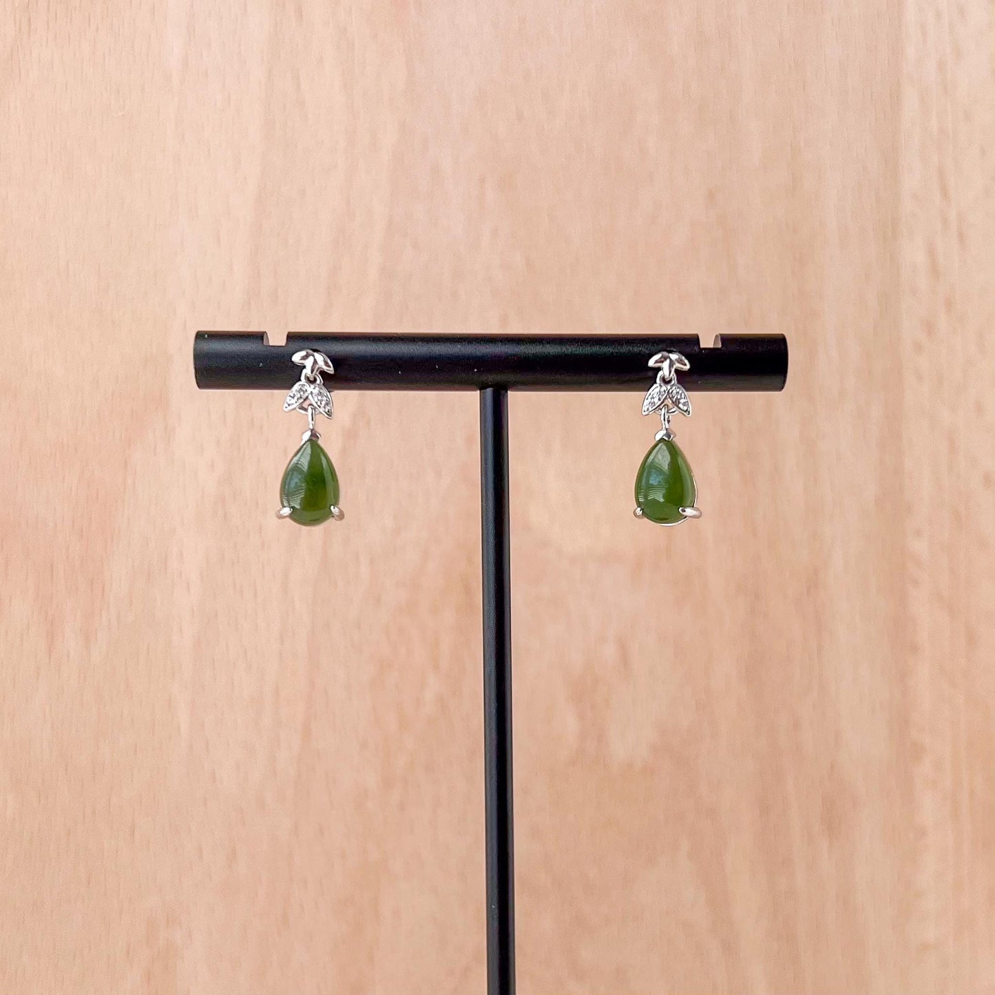 Willow Ribbon Green Jade Earring Studs, Green Nephrite Jade Sterling Silver Earrings, JSY-0424-12130