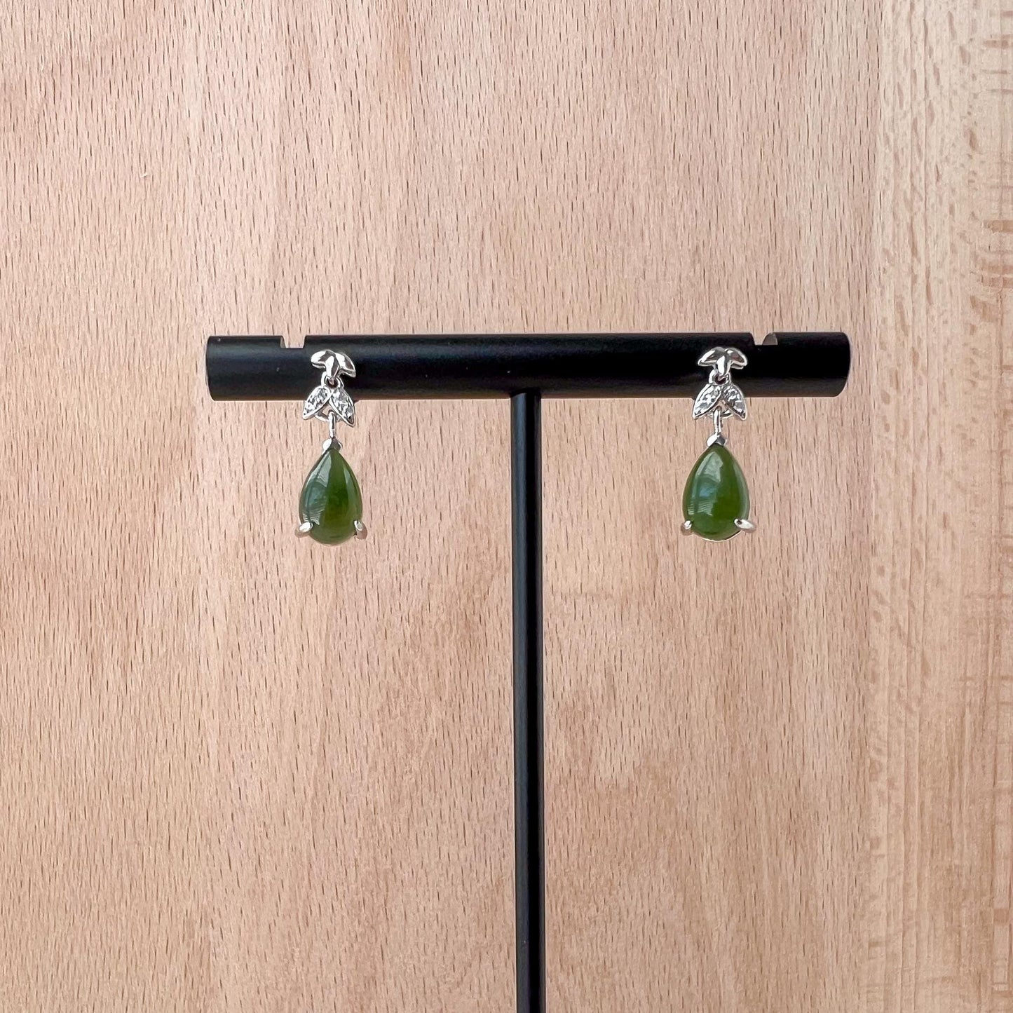 Willow Ribbon Green Jade Earring Studs, Green Nephrite Jade Sterling Silver Earrings, JSY-0424-12130