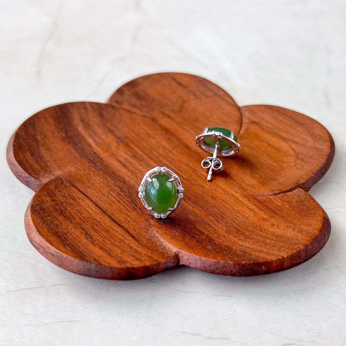 Green Glimmer Jade Earring Studs, Green Nephrite Jade Sterling Silver Earrings, JSY-0424-12129