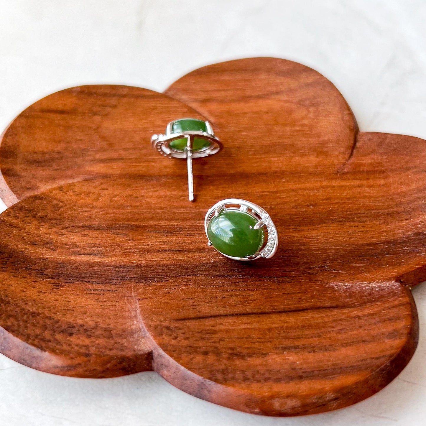 Green Moonlight Jade Earring Studs, Style 1, Green Nephrite Jade Sterling Silver Earrings, JSY-0424-12125