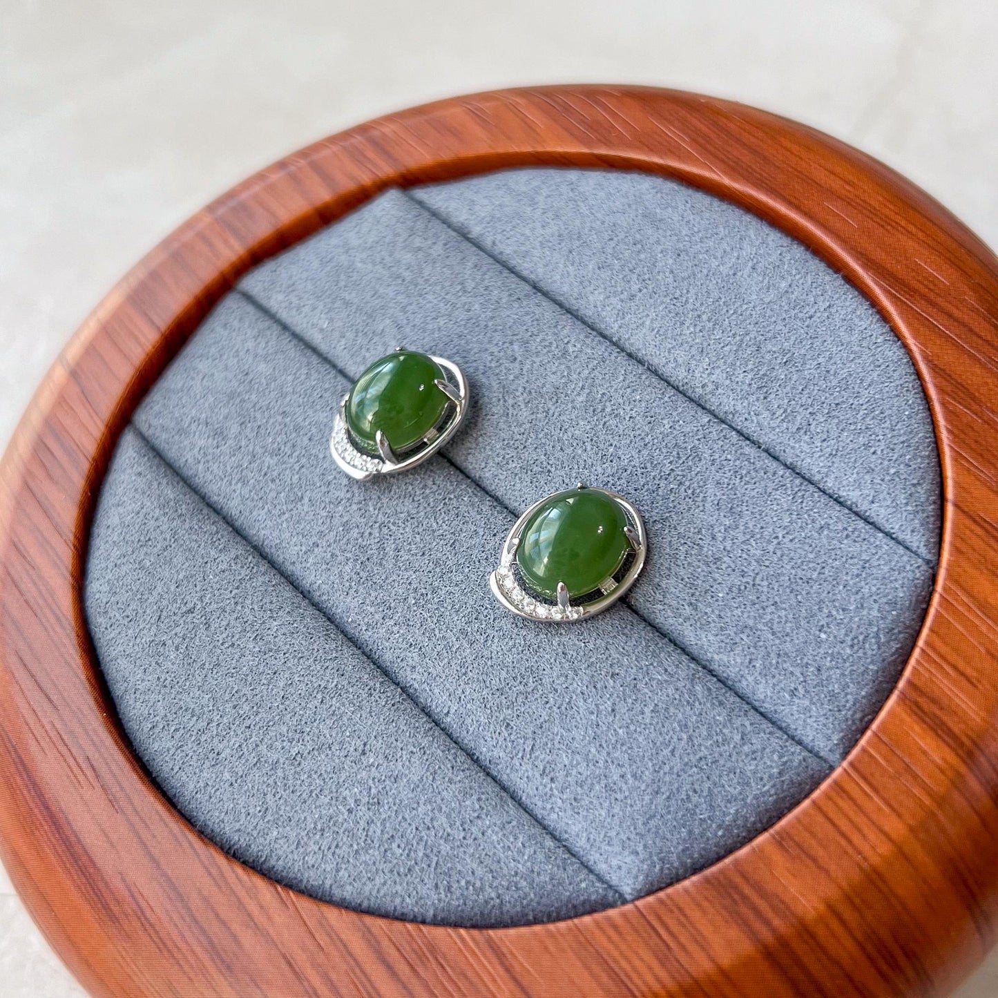 Green Moonlight Jade Earring Studs, Style 1, Green Nephrite Jade Sterling Silver Earrings, JSY-0424-12125