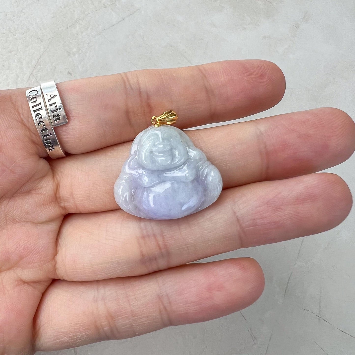 Small Purple Lavender Jadeite Jade Happy Buddha Carved Pendant with 18k Solid Gold Bail, YAR-0424-1728763047