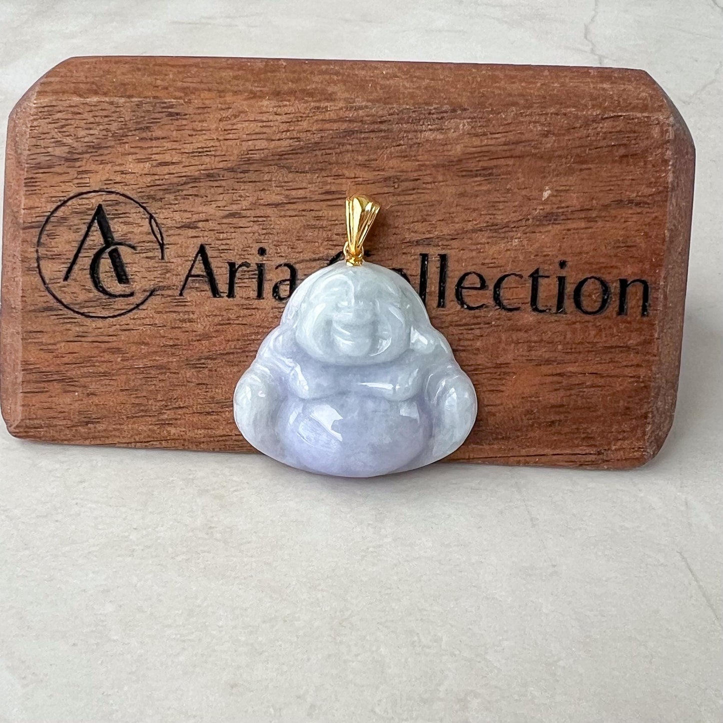 Small Purple Lavender Jadeite Jade Happy Buddha Carved Pendant with 18k Solid Gold Bail, YAR-0424-1728763047