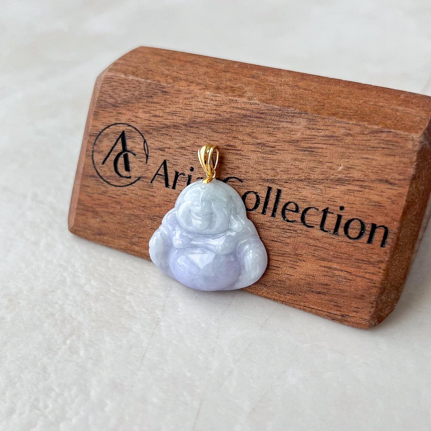 Small Purple Lavender Jadeite Jade Happy Buddha Carved Pendant with 18k Solid Gold Bail, YAR-0424-1728763047