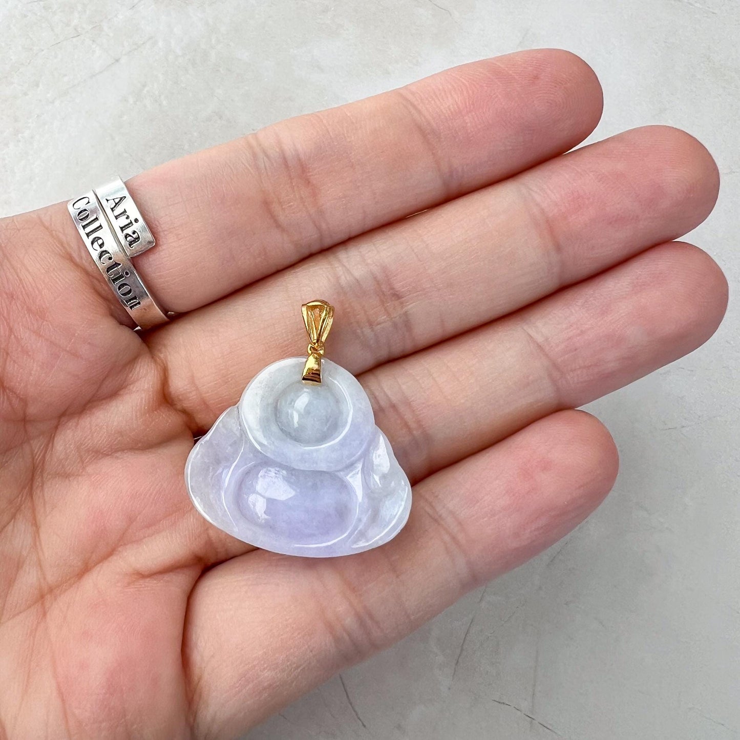 Small Purple Lavender Jadeite Jade Happy Buddha Carved Pendant with 18k Solid Gold Bail, YAR-0424-1728763047