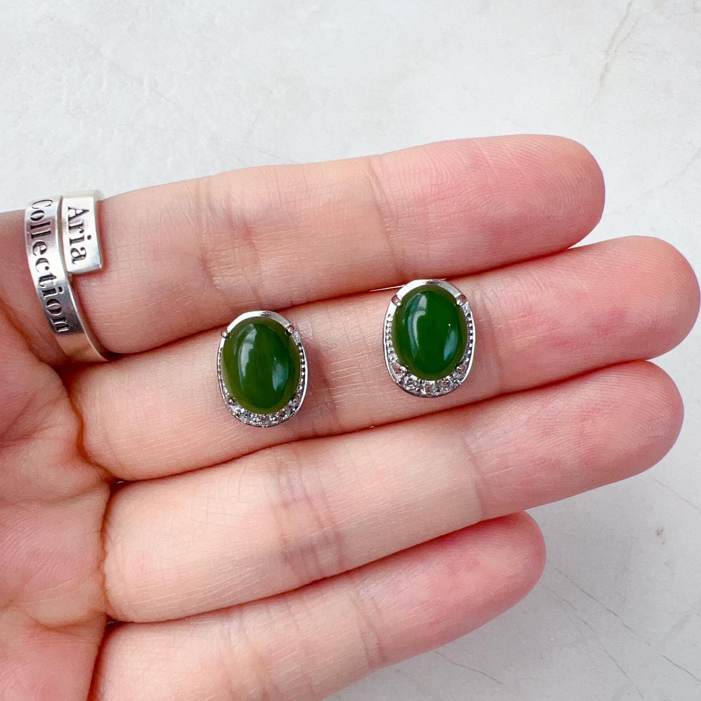 Green Moonlight Jade Earring Studs, Style 2, Green Nephrite Jade Sterling Silver Earrings, JSY-0424-12192