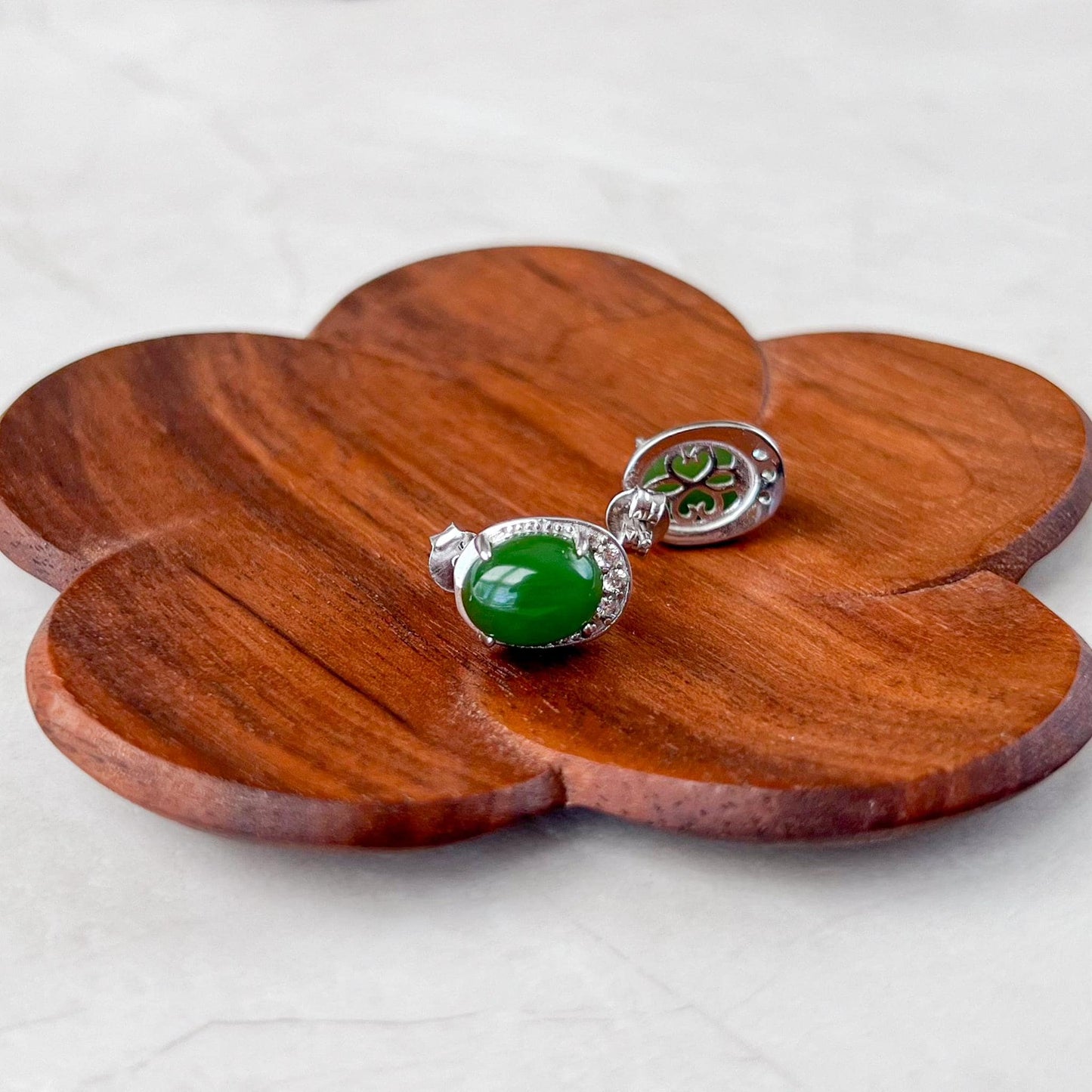 Green Moonlight Jade Earring Studs, Style 2, Green Nephrite Jade Sterling Silver Earrings, JSY-0424-12192