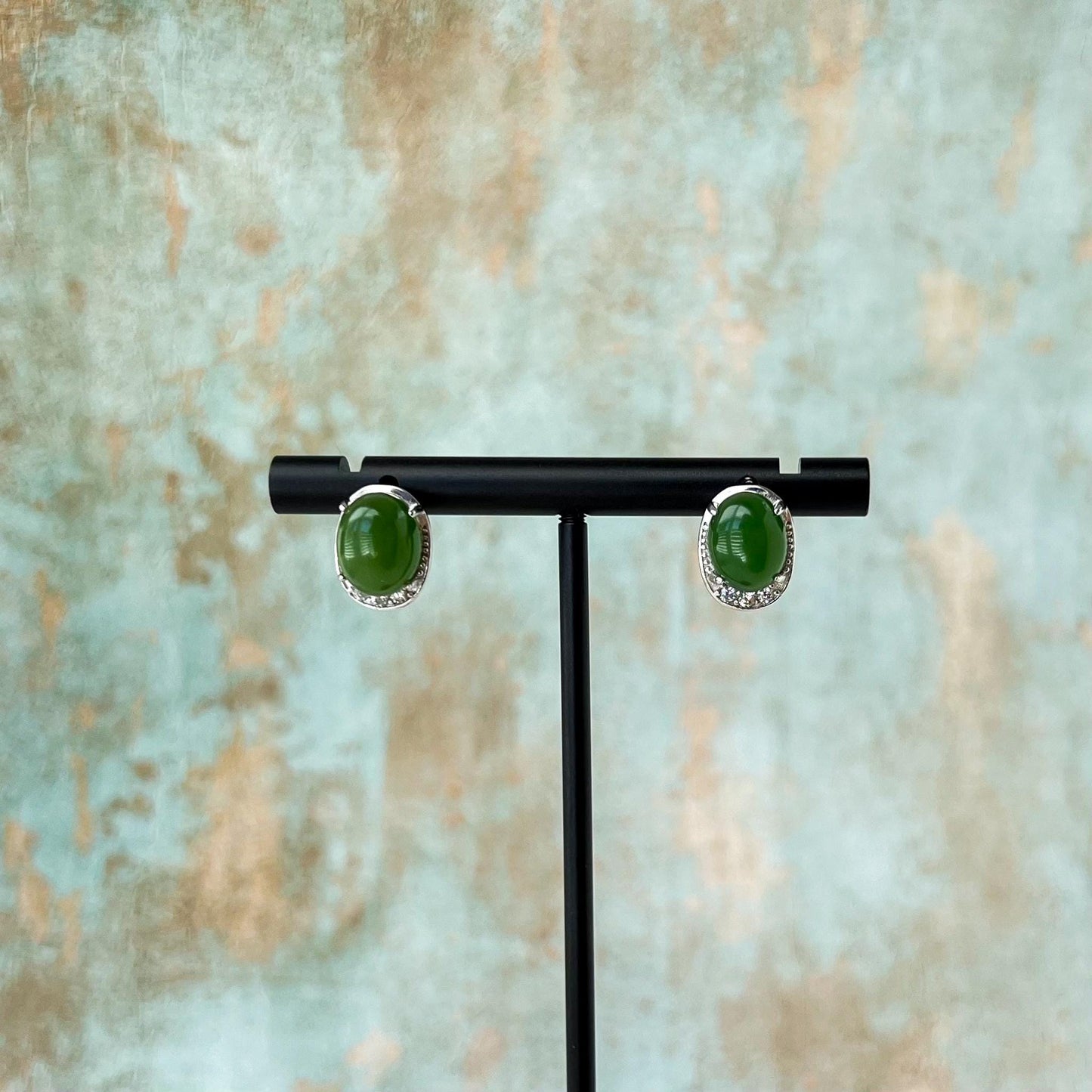 Green Moonlight Jade Earring Studs, Style 2, Green Nephrite Jade Sterling Silver Earrings, JSY-0424-12192