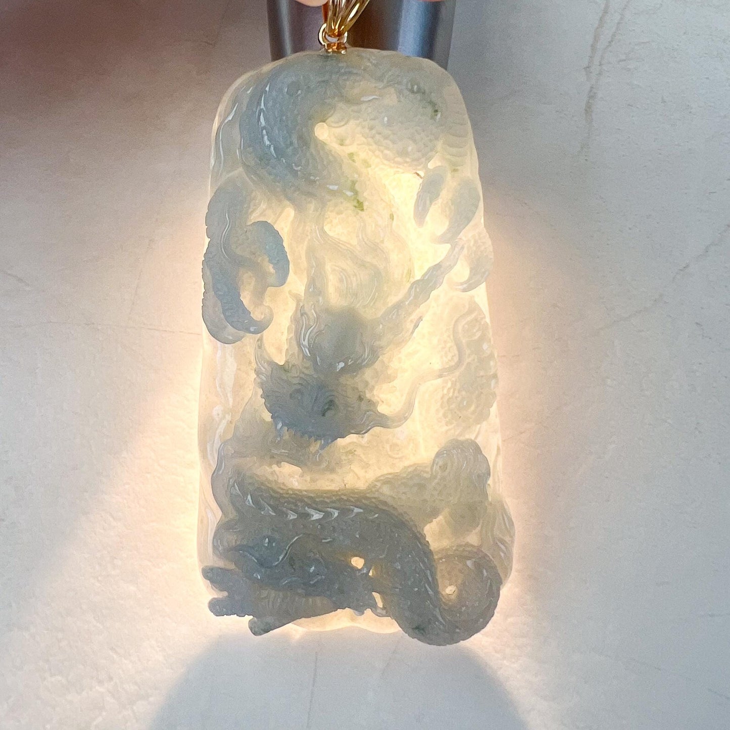 Azure Dragon Jade Pendant, Light blue purple Jadeite Jade, Hand Carved Pendant with 18K Yellow Gold, ERI-0424-1728866570