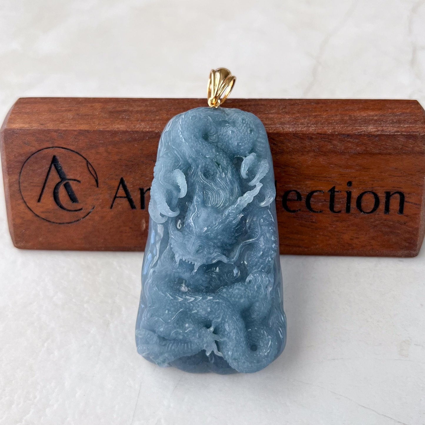 Azure Dragon Jade Pendant, Light blue purple Jadeite Jade, Hand Carved Pendant with 18K Yellow Gold, ERI-0424-1728866570