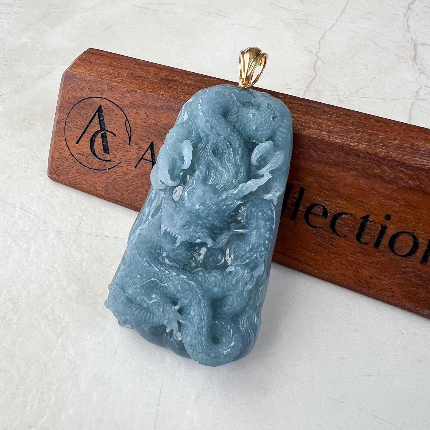 Azure Dragon Jade Pendant, Light blue purple Jadeite Jade, Hand Carved Pendant with 18K Yellow Gold, ERI-0424-1728866570