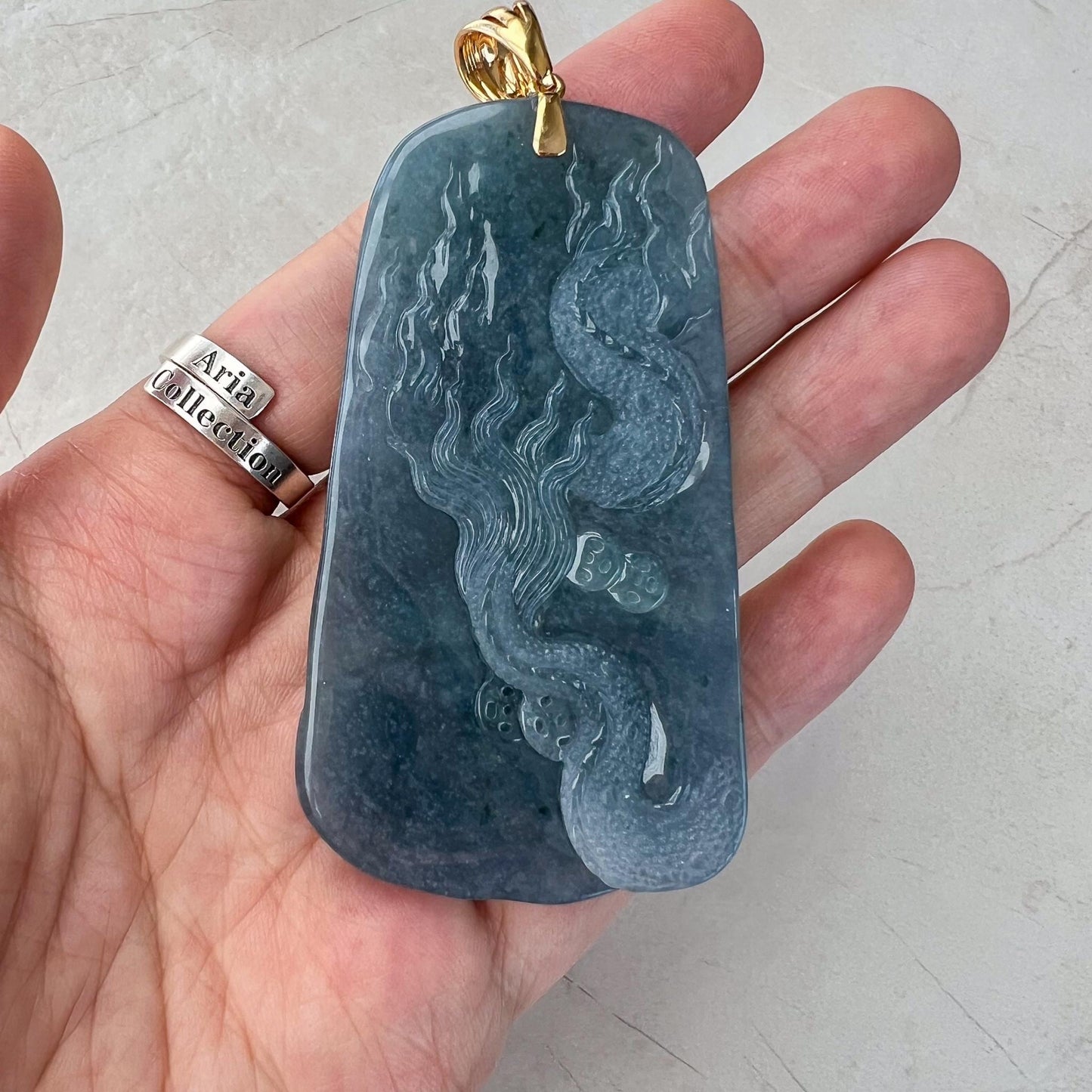 Azure Dragon Jade Pendant, Light blue purple Jadeite Jade, Hand Carved Pendant with 18K Yellow Gold, ERI-0424-1728866570