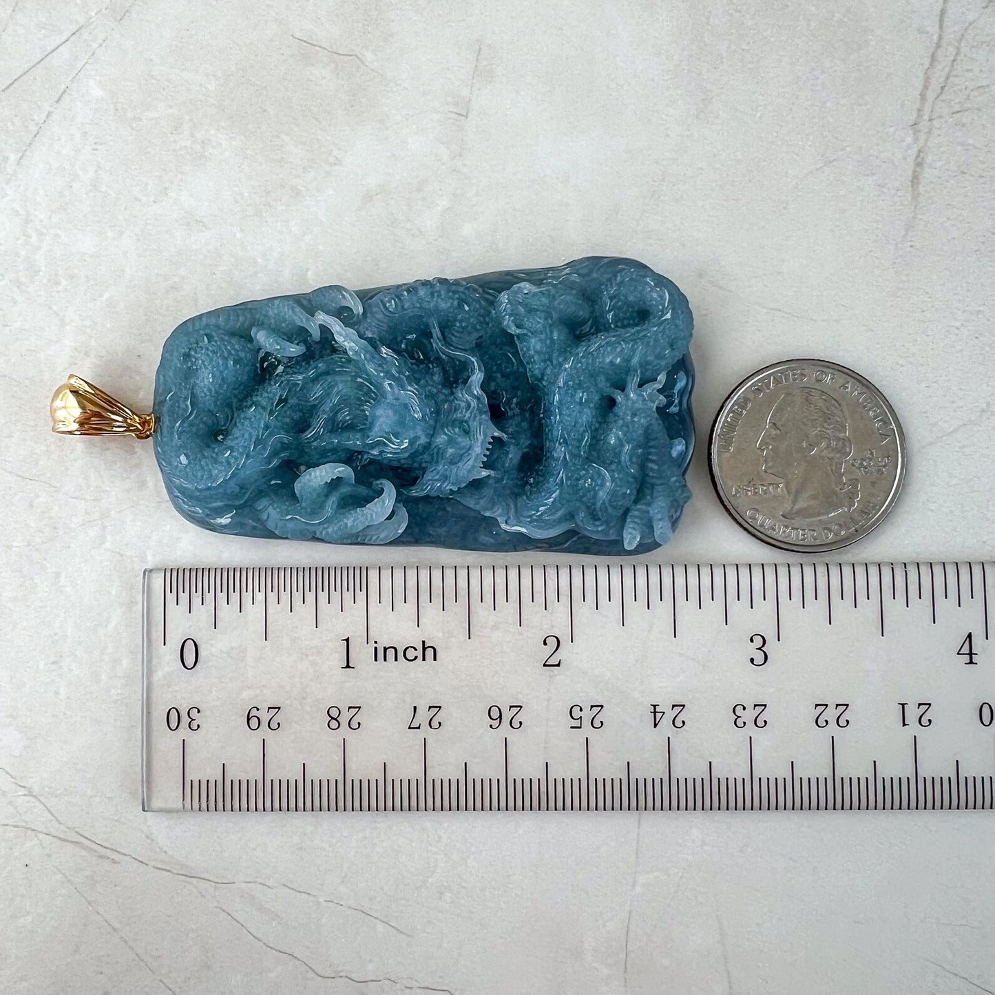 Azure Dragon Jade Pendant, Light blue purple Jadeite Jade, Hand Carved Pendant with 18K Yellow Gold, ERI-0424-1728866570