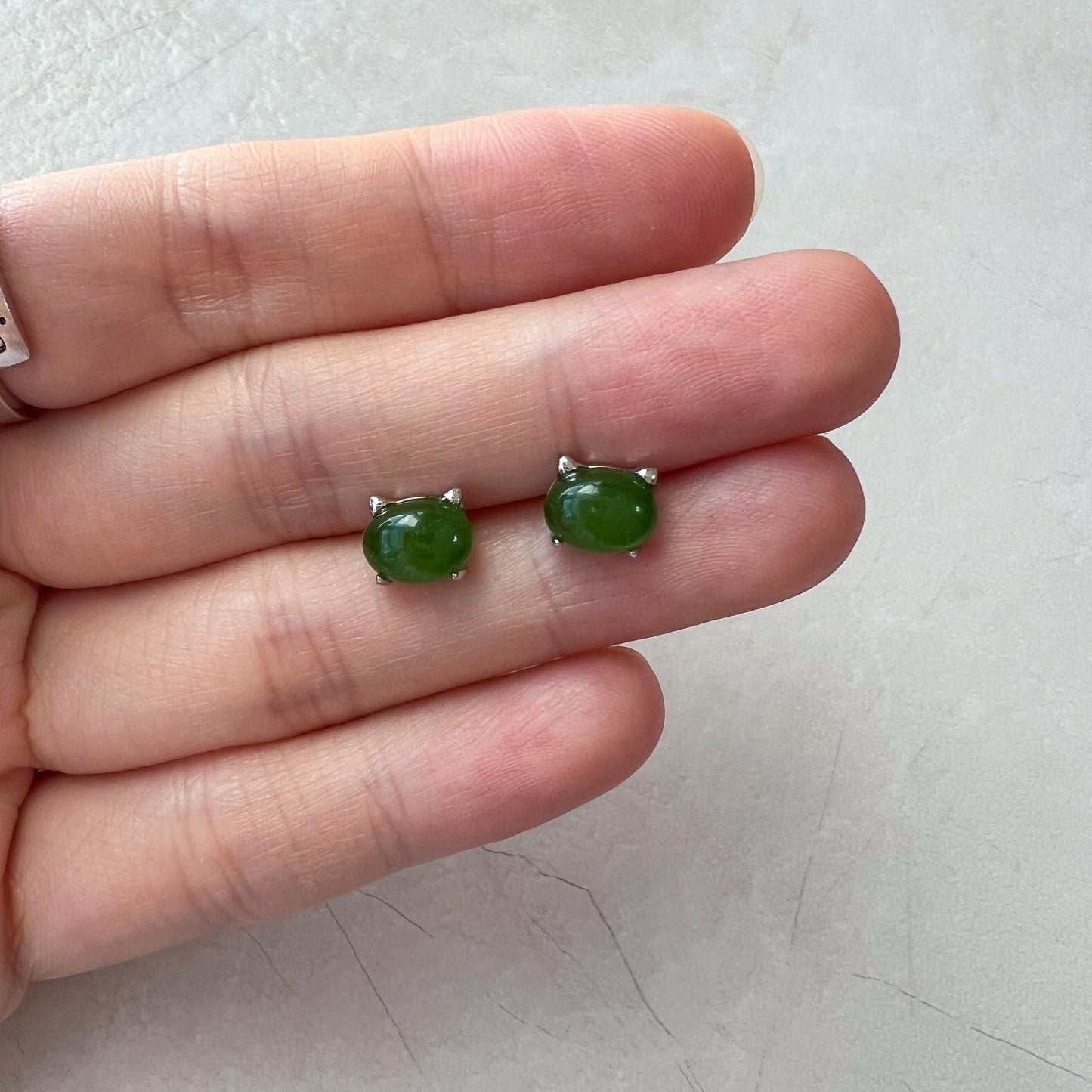 Minimalist Cat Ear Jade Earring Studs, Green Nephrite Jade Sterling Silver Earrings, JSY-0424-12121