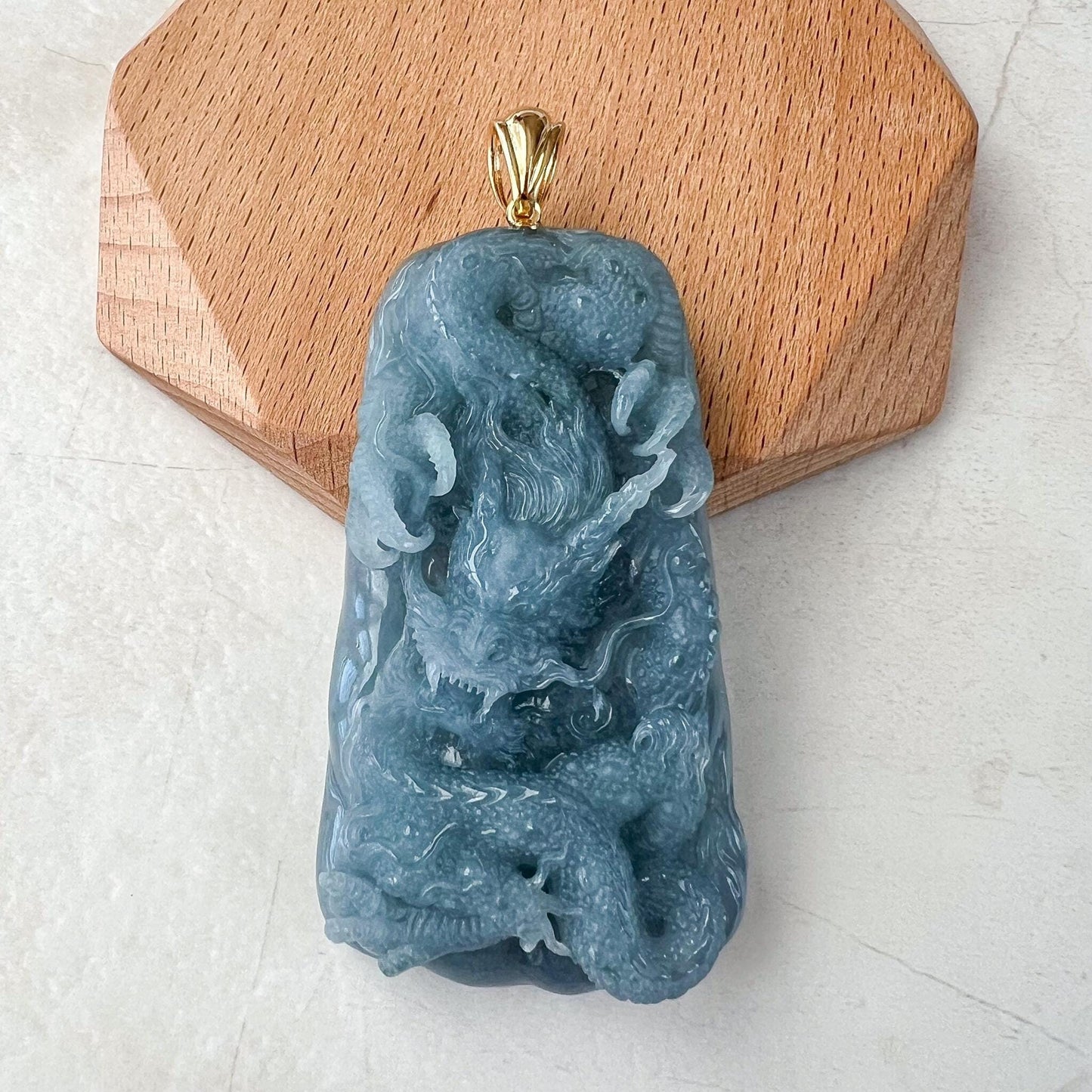 Azure Dragon Jade Pendant, Light blue purple Jadeite Jade, Hand Carved Pendant with 18K Yellow Gold, ERI-0424-1728866570