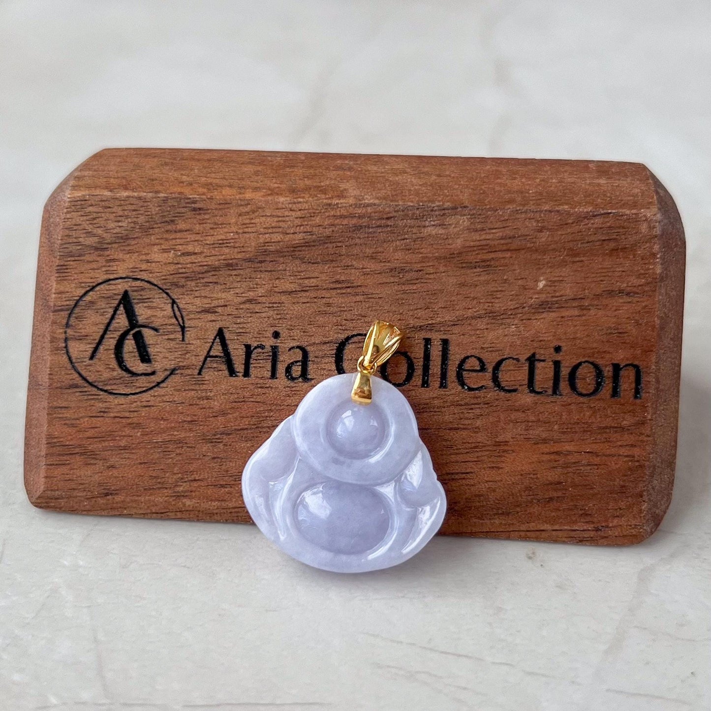 Small Purple Lavender Jadeite Jade Happy Buddha Carved Pendant with 18k Solid Gold Bail, YAR-0424-1728869981