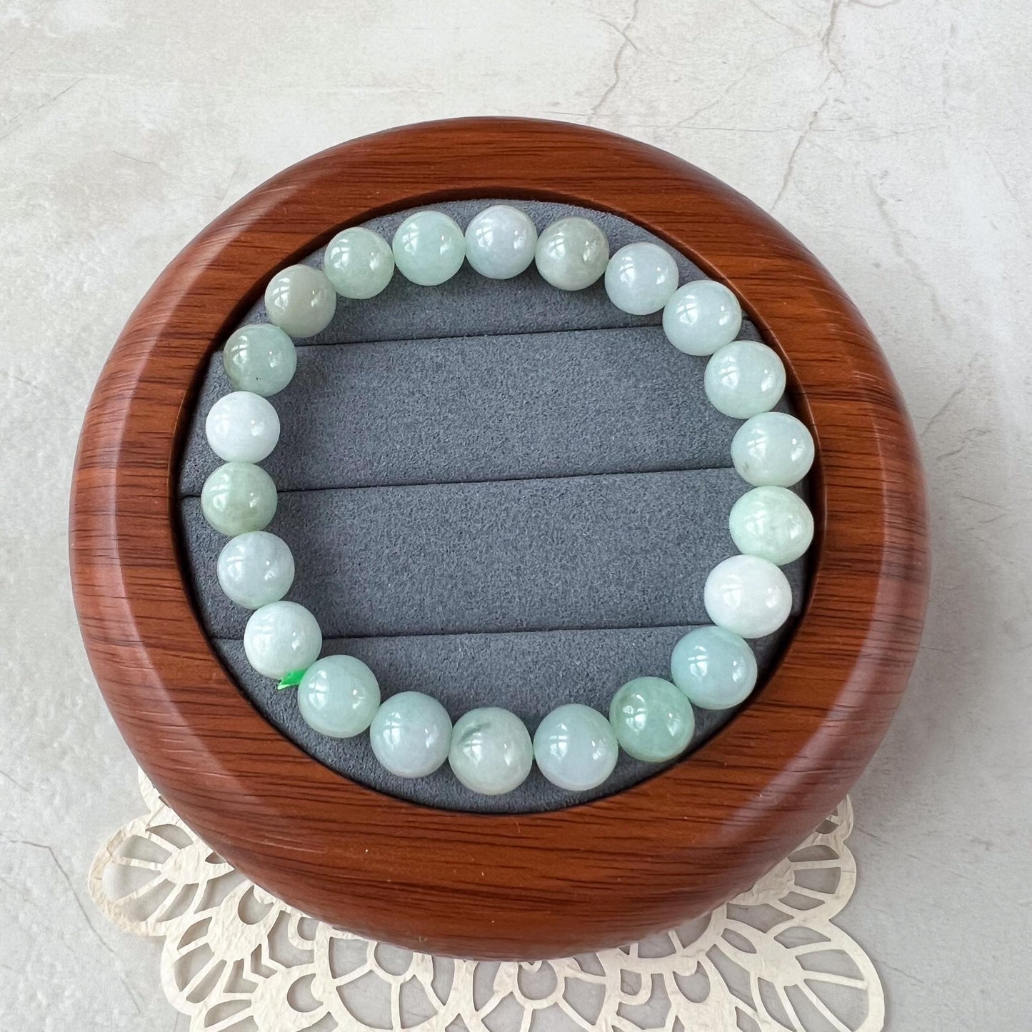 8.0 mm Light Green White Natural Jadeite Jade Small Beaded Bracelet, GEM-0424-1727410563