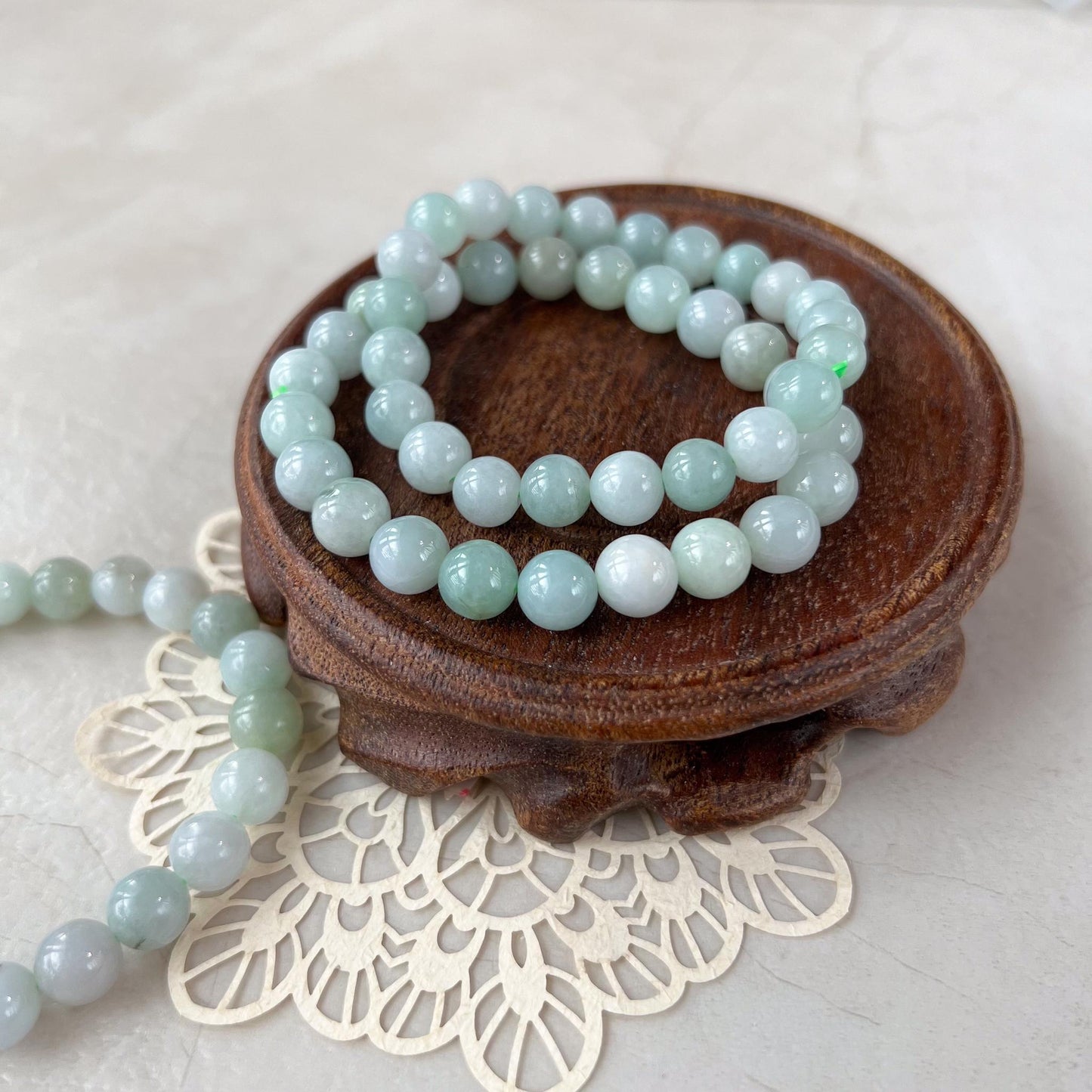 8.0 mm Light Green White Natural Jadeite Jade Small Beaded Bracelet, GEM-0424-1727410563