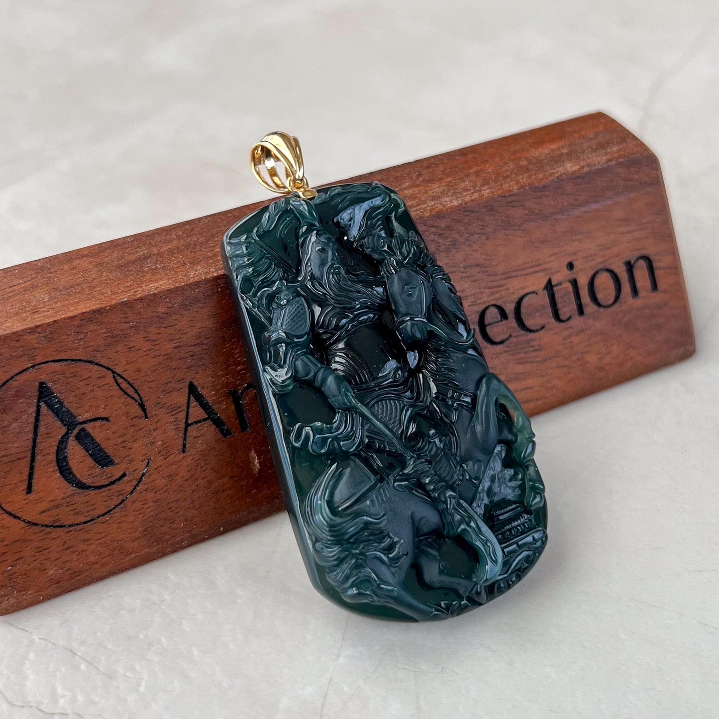 Valiant Guan Gong God of War Pendant with 18K Gold, Dark Green Jadeite Jade Hand Carved Pendant, 关公, ERI-0424-1729097518